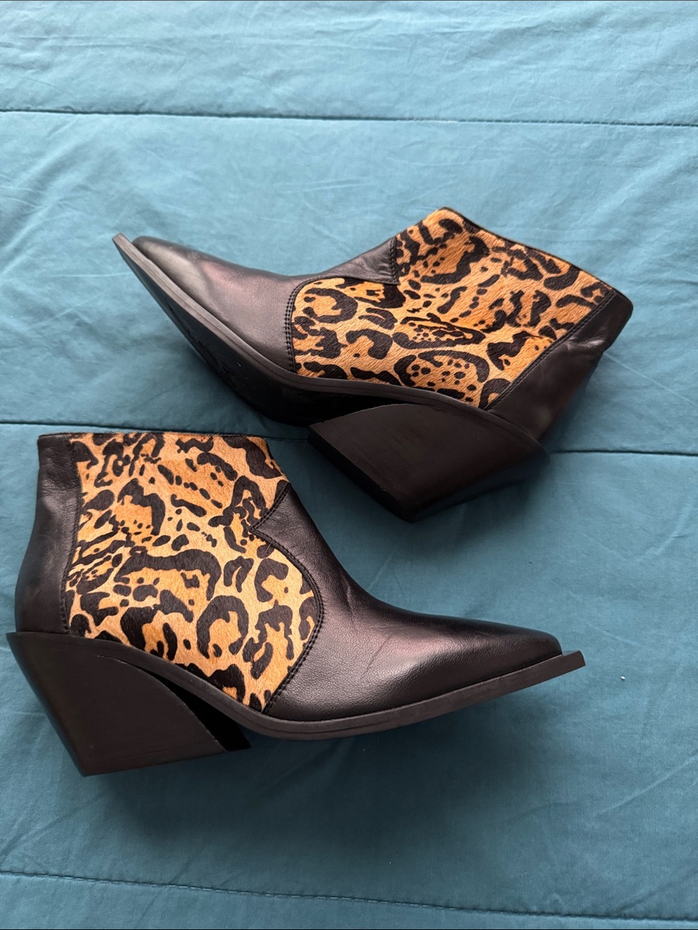 Free People Black Leather Ankle Boots with Leopard Print Panels